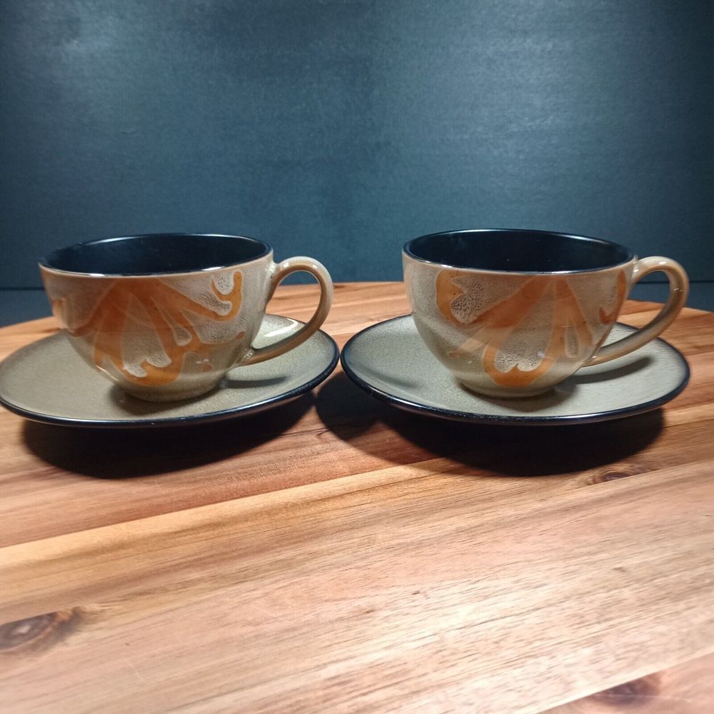 Pier 1 Kioko Stoneware‎ Coffee Tea Mug Cup & Saucer 2 Sets Speckled Hand Painted